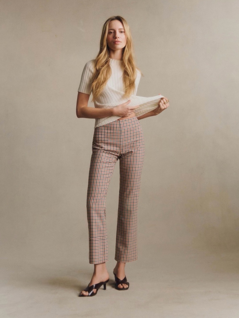 SEZANE CIARA TROUSERS NAVY ECRU AND EARTH TONE CHECKS